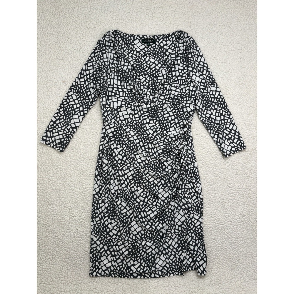 Lauren Ralph Lauren Dress Size 12 Black White Ruched Sheath Career Classic Work